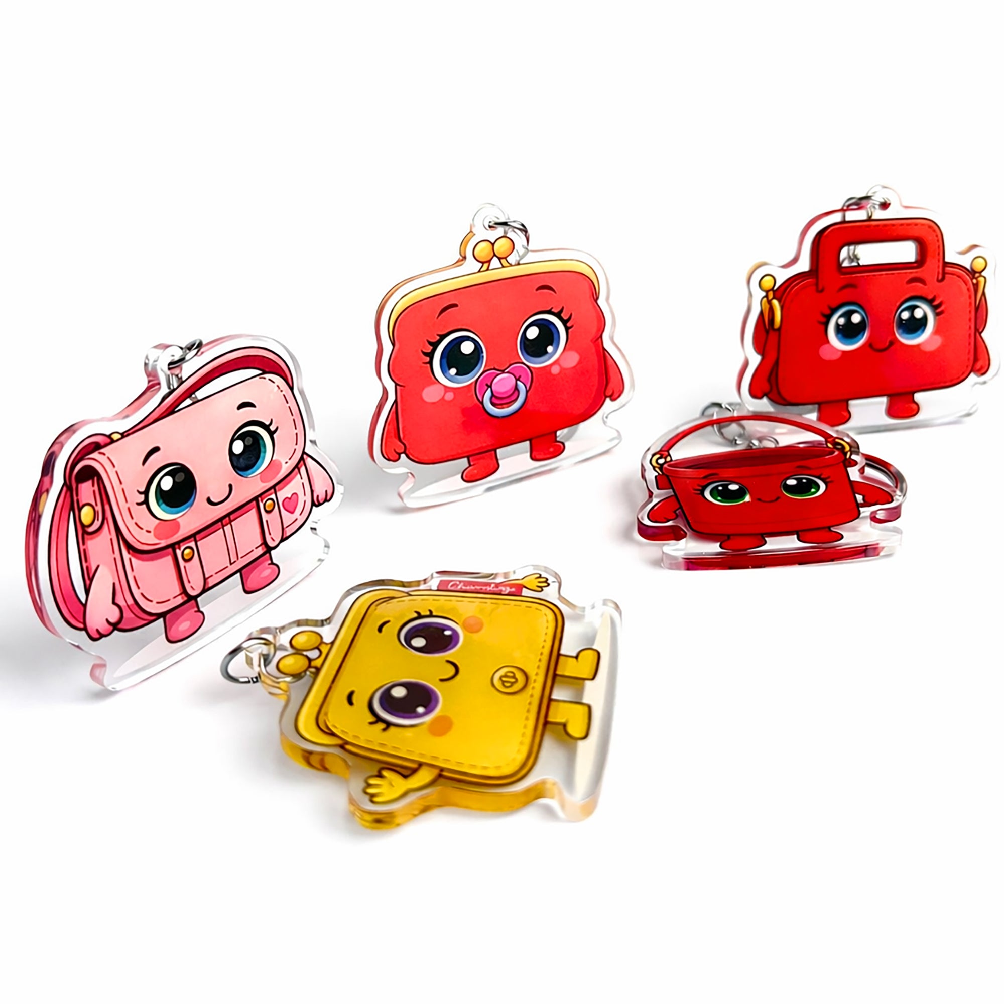 Set of colorful cartoon-style keychains on a white background