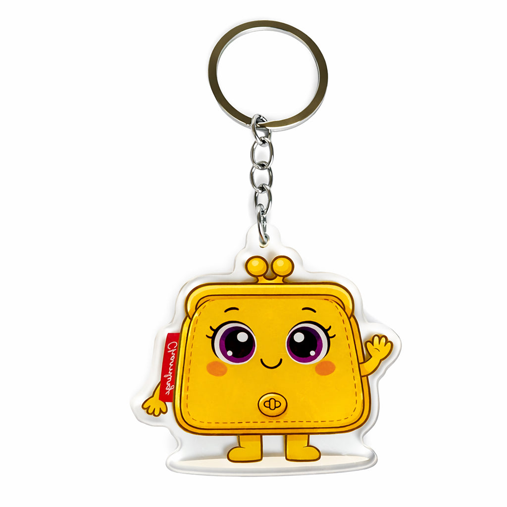 Yellow cartoon character keychain with a smiling face on a white background
