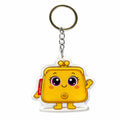 Yellow cartoon character keychain with a smiling face on a white background