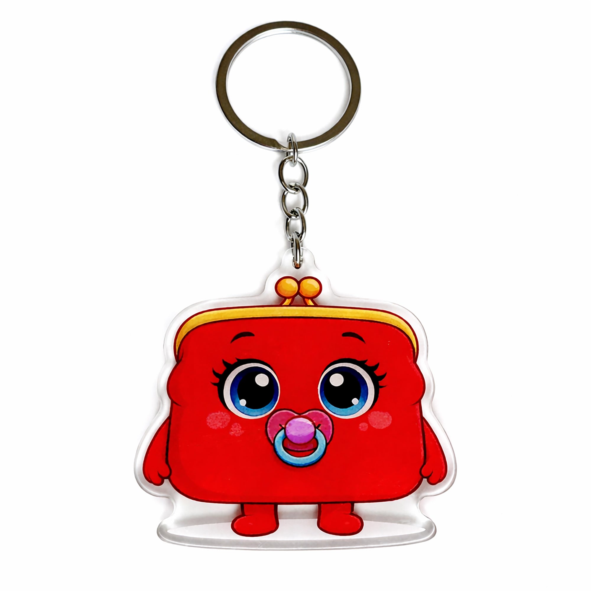 Red cartoon character keychain with a pacifier on a white background