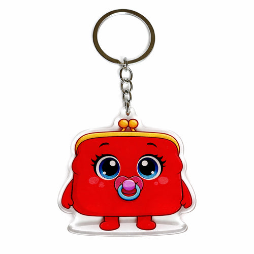 Red cartoon character keychain with a pacifier on a white background