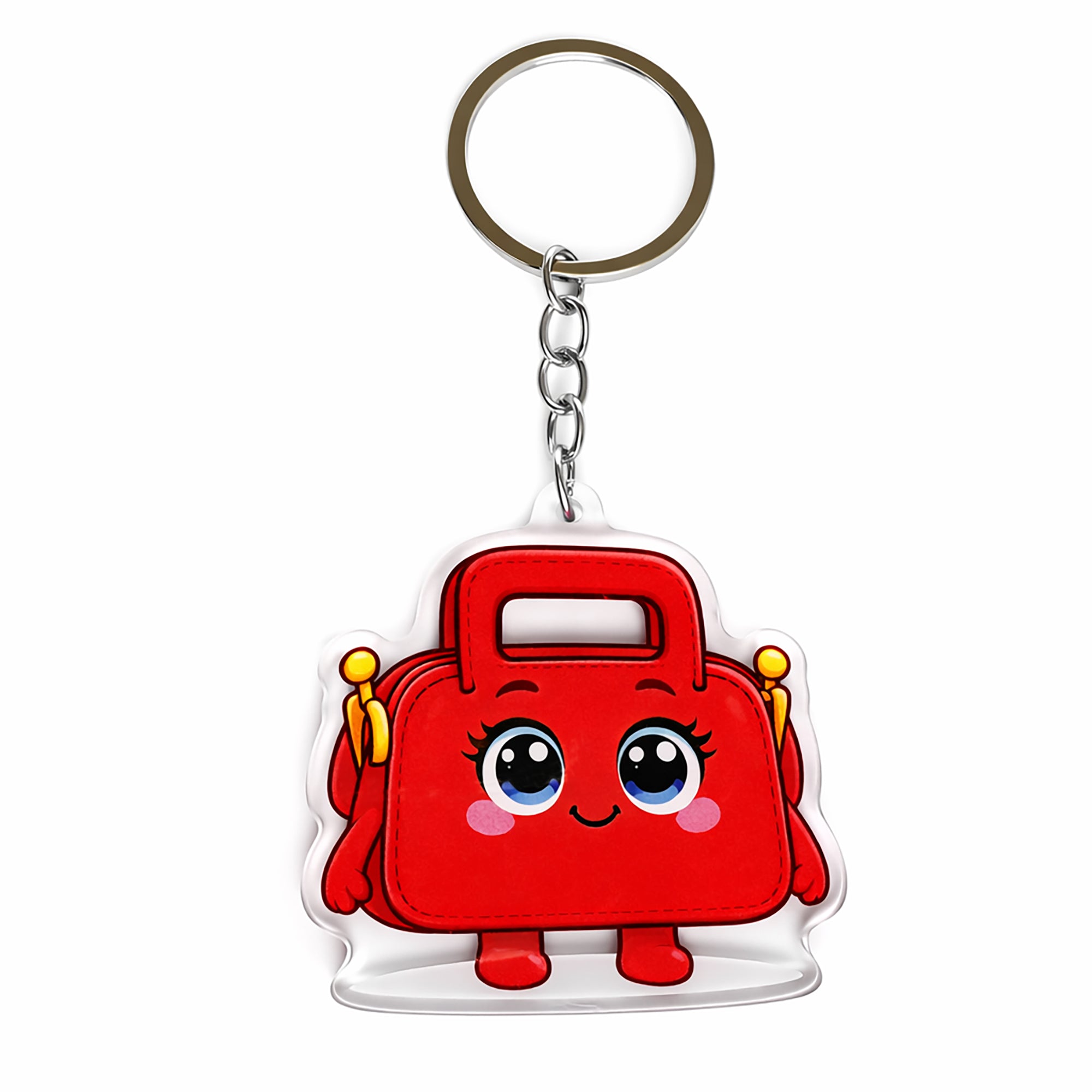 Red cartoon-style bag keychain on a white background