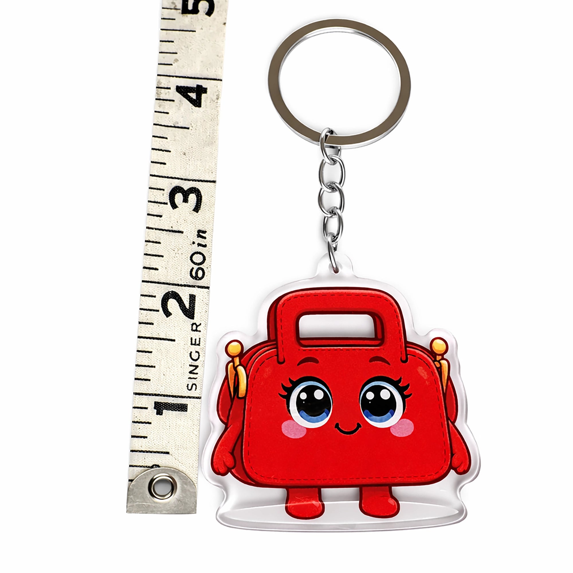 Red cartoon-style bag keychain with a ruler for scale on a white background