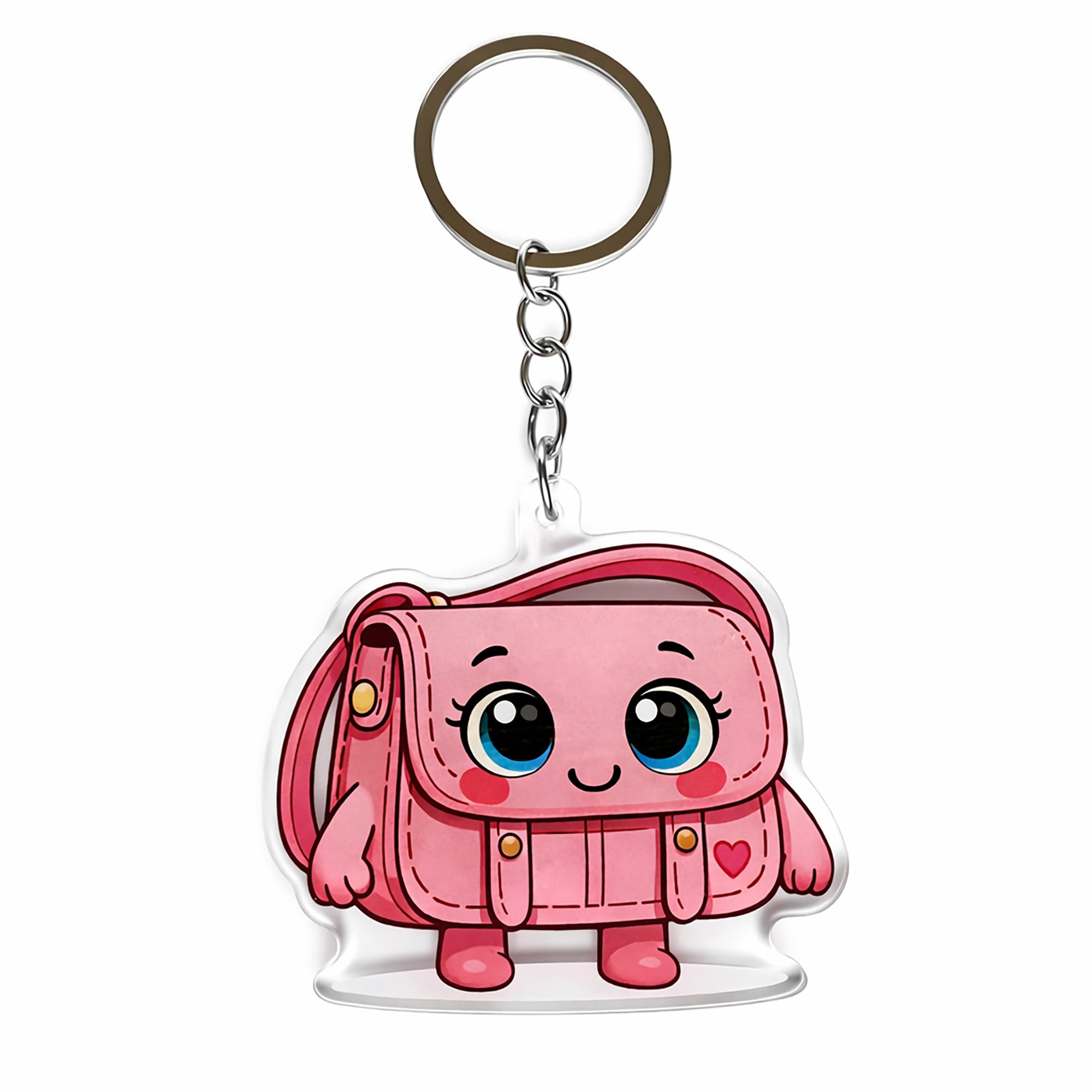 Pink cartoon-style bag keychain on a white background