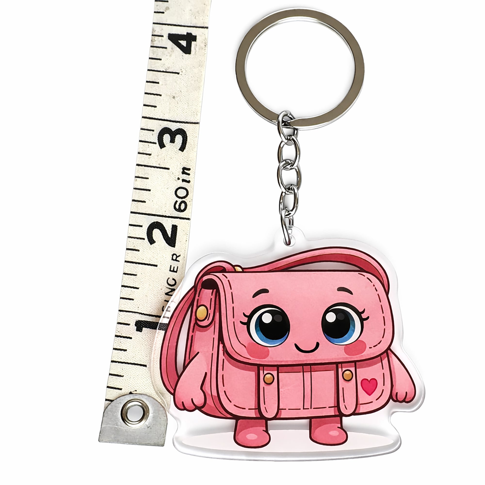 Pink cartoon-style bag keychain with a ruler for scale on a white background