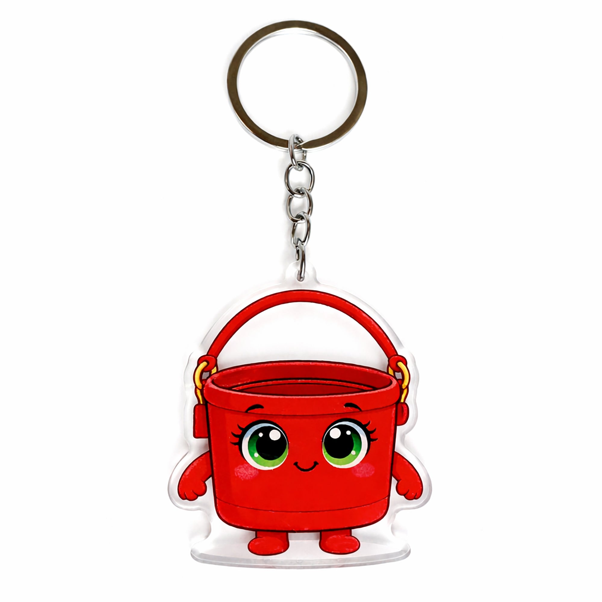 Red bucket keychain with a smiling face on a white background