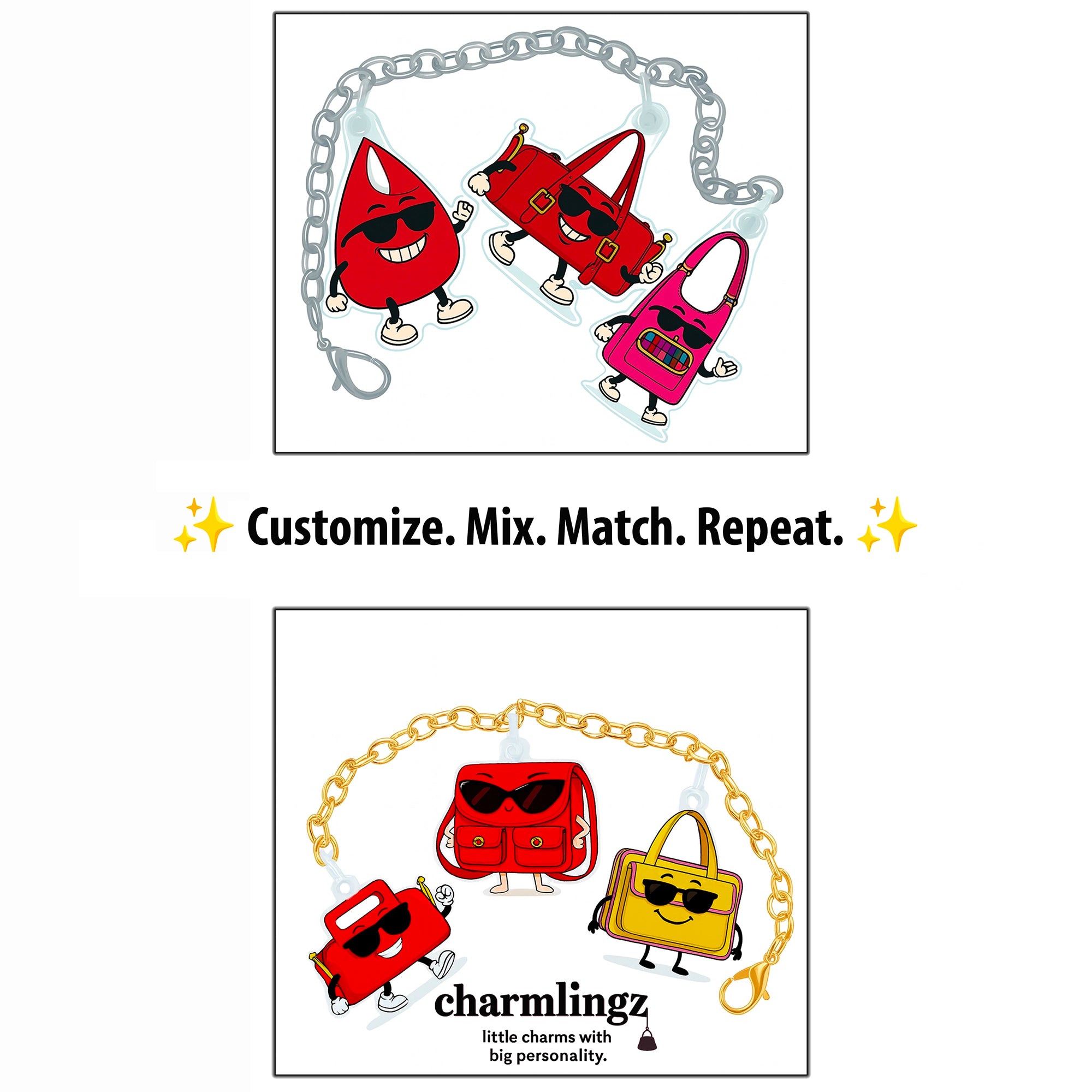 Cartoon bags with sunglasses on a chain, featuring the brand 'charmlingz'.