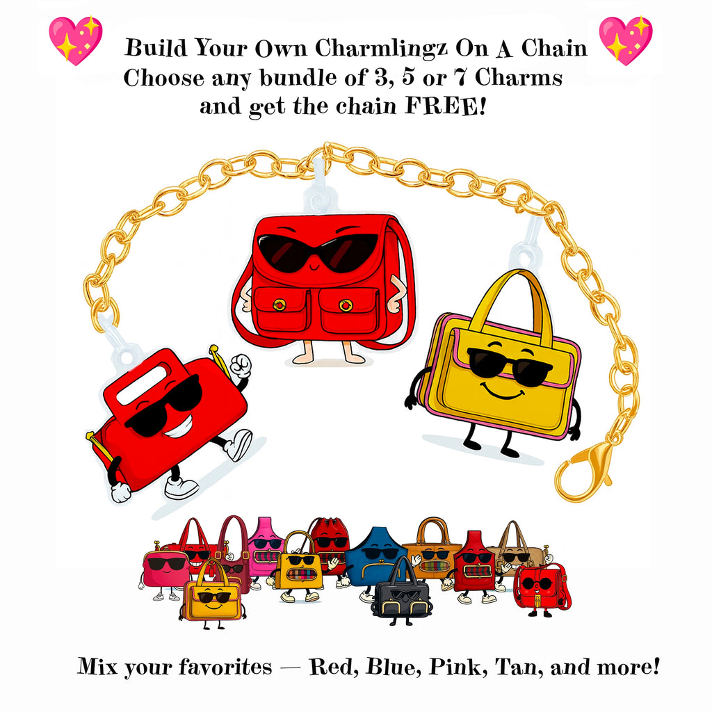 Cartoon handbags with a chain, promoting customizable charm options.