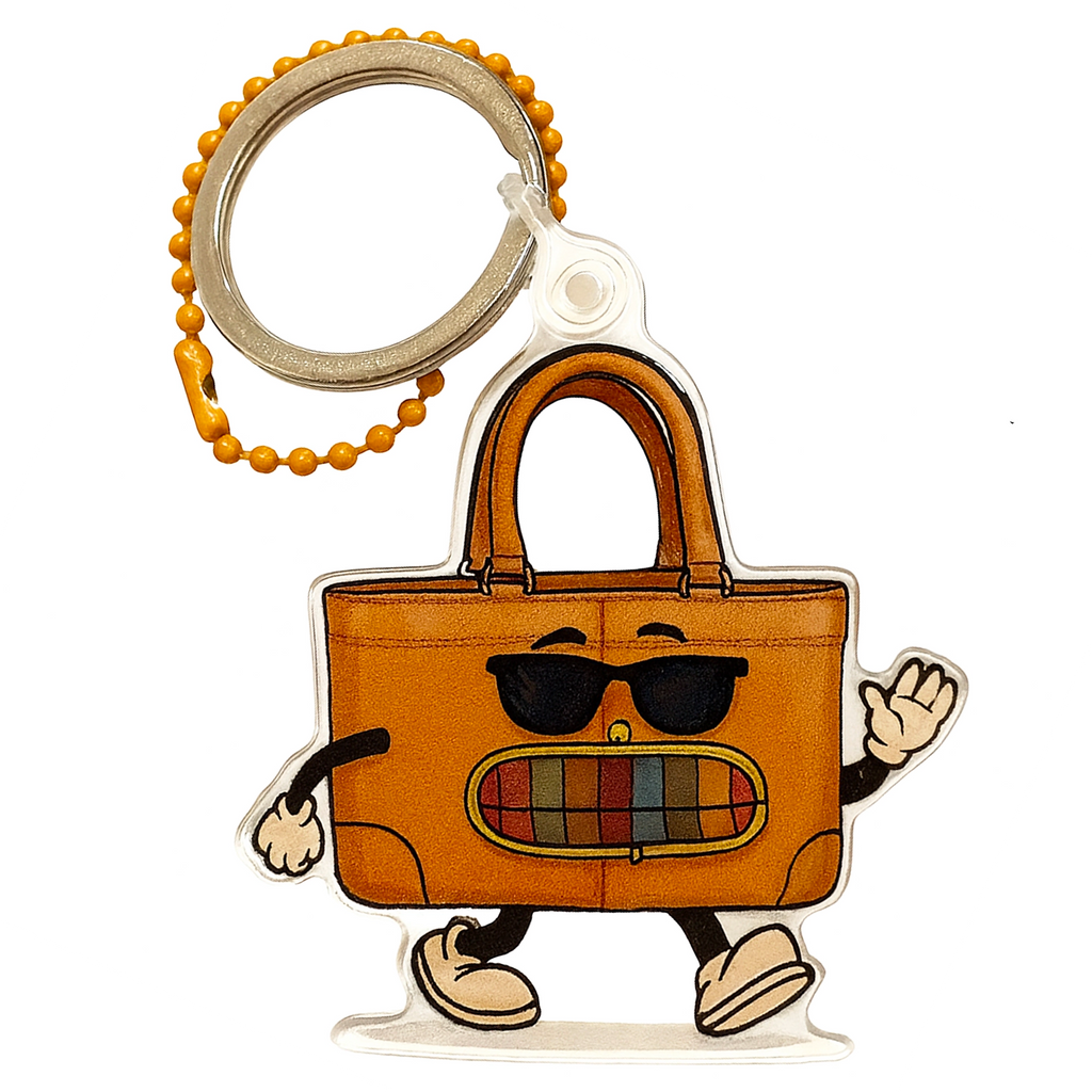 Chunky T cartoon handbag  keychain bag charm with sunglasses and a multicolored mouth on a white background