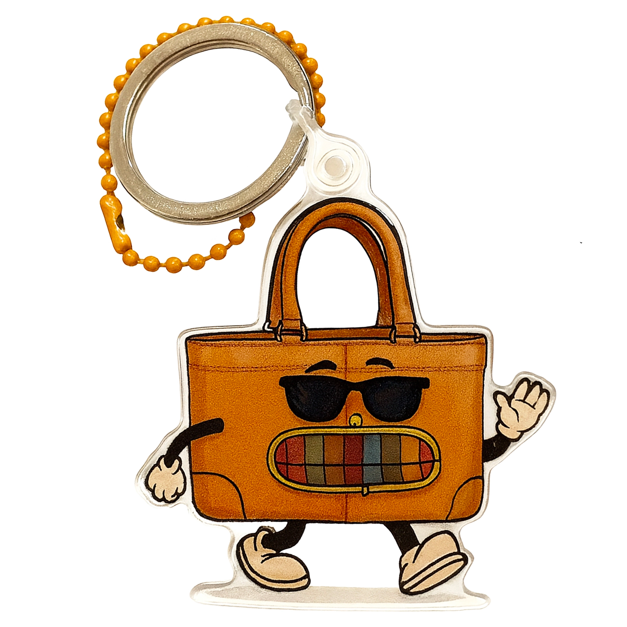Chunky T cartoon handbag  keychain bag charm with sunglasses and a multicolored mouth on a white background