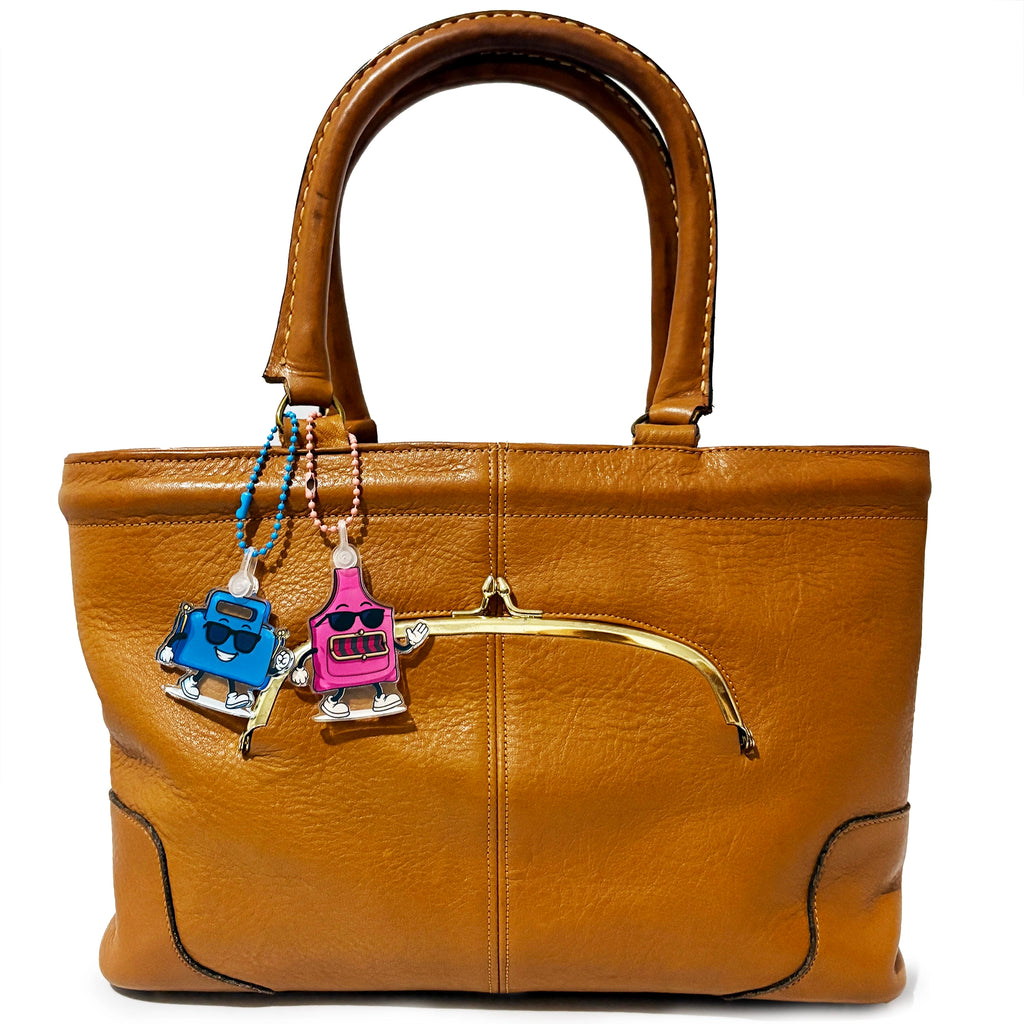 Charmlingz Gemini Blue and Slingy Pink key ring bag charms  on vintage handbag