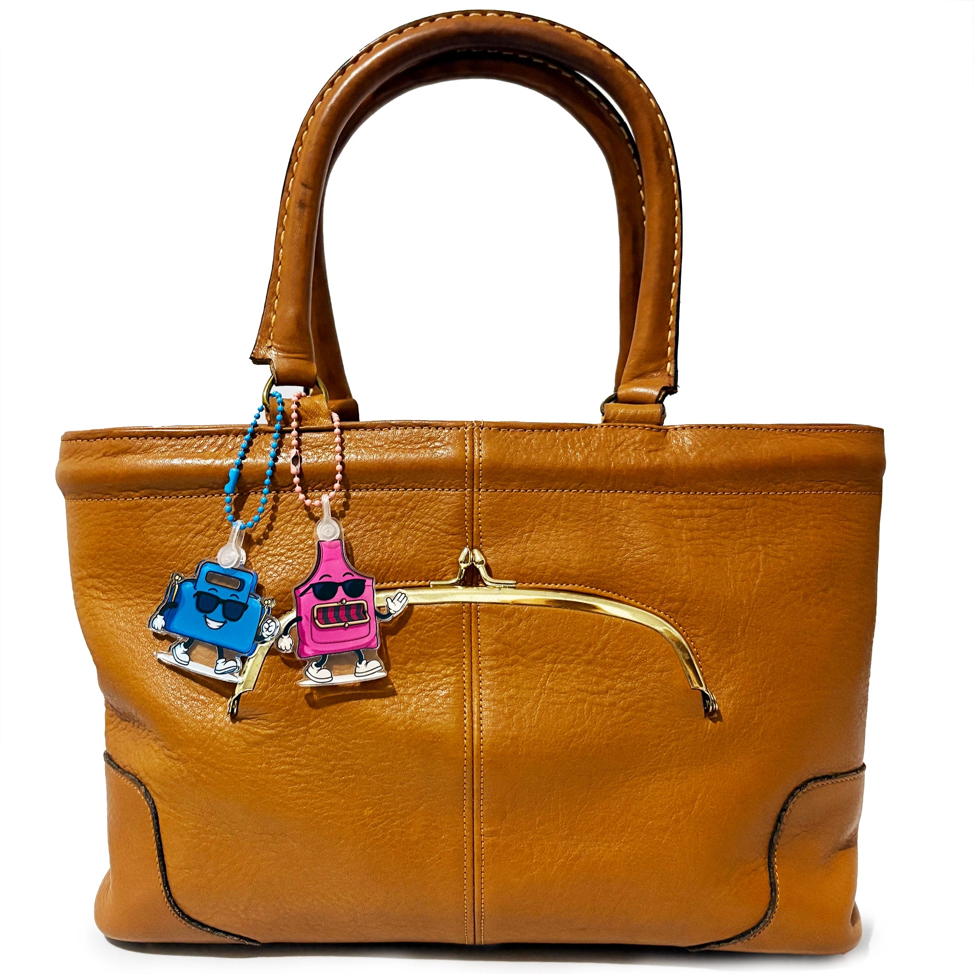 Charmlingz Gemini Blue and Slingy Pink key ring bag charms  on vintage handbag