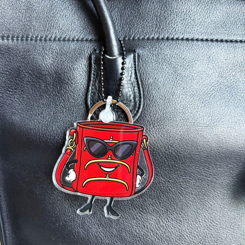 TriFramea Red bucket purse character keychain bag charm with sunglasses on bag