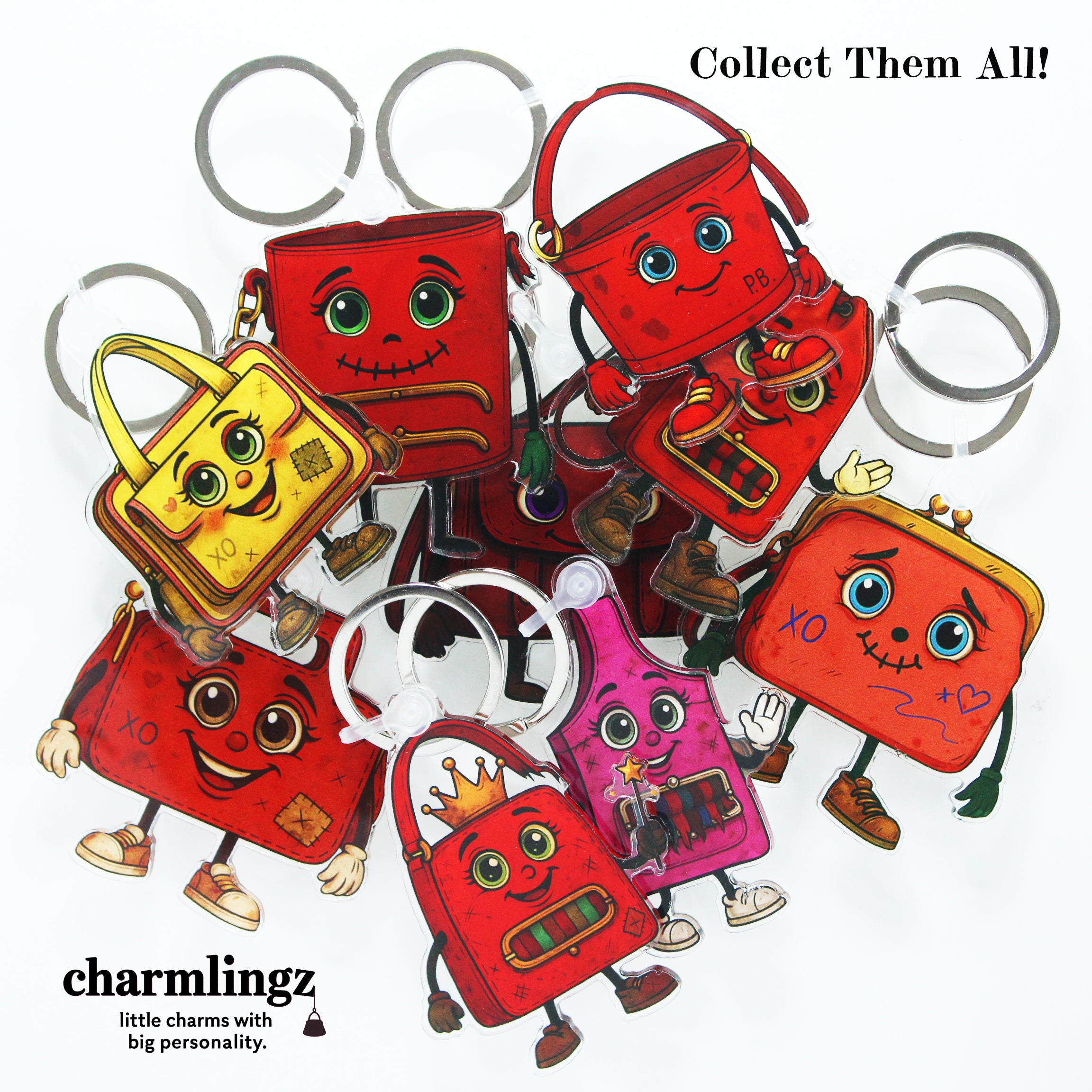 Collection of colorful Charmlingz ReLuvable keychain bag charms with cartoon faces and 'Collect Them All!' text on a white background.